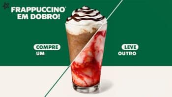 Frappuccino em Dobro Starbucks: compre um, leve outro Imagem promocional do Frappuccino em Dobro da Starbucks com copo de bebida e mensagem compre um, leve outro.