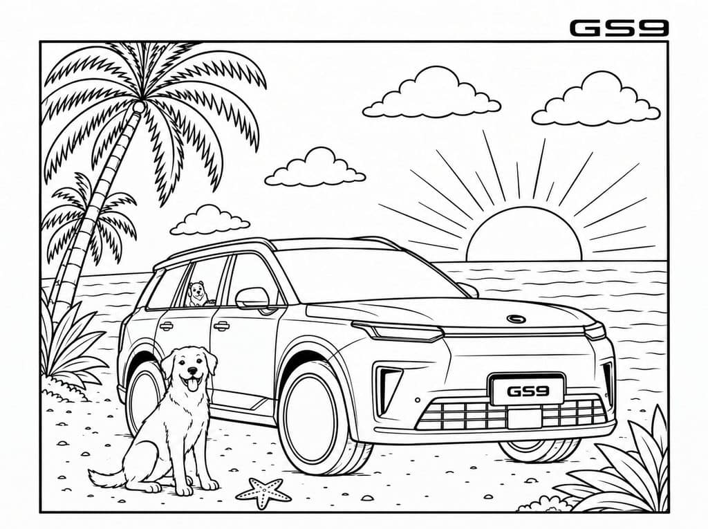Ilustração em preto e branco de um carro GAC Gs9 e um cachorro na praia, com sol, palmeiras e nuvens