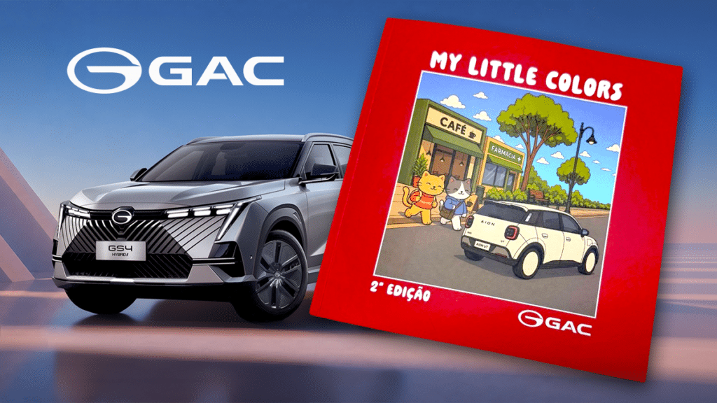 Imagem do livro de colorir “GAC Little Colors” em edição 2ª, com carro ilustrado e logotipo GAC ao lado de um veículo