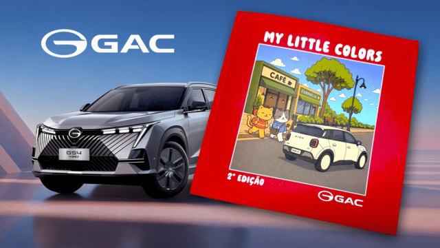 Imagem do livro de colorir “GAC Little Colors” em edição 2ª, com carro ilustrado e logotipo GAC ao lado de um veículo