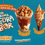 Arte do Giraffas com sobremesas de pipoca e doce de leite, com versões como sundae, casquinha, petit no copo e milk-shake.