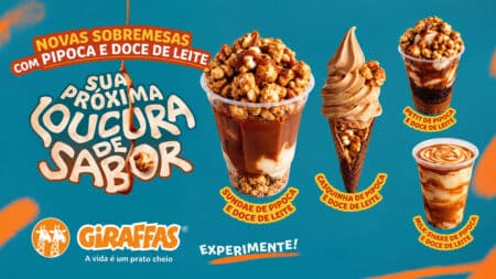 Giraffas: sobremesas de pipoca e doce de leite Arte do Giraffas com sobremesas de pipoca e doce de leite, com versões como sundae, casquinha, petit no copo e milk-shake.