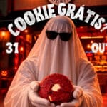 Pessoa fantasiada de Halloween com gorro segurando um cookie vermelho, em frente a letreiro “Cookie Gratis?” e data 31.