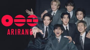 BTS Pop-Up Arirang: imagem promocional com integrantes Imagem promocional do BTS com foto dos integrantes e o texto Arirang em destaque, em fundo escuro.