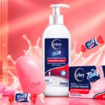 Produtos de cosméticos da Cloy e 7Belo: loção hidratante e sabonete, com fragrância 7Belo, em fundo rosa