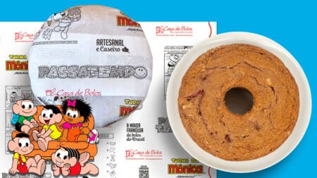 Bolo Especial Turma da Mônica da Casa de Bolos Bolo artesanal em fatia única no prato, com embalagem temática da Turma da Mônica da Casa de Bolos.