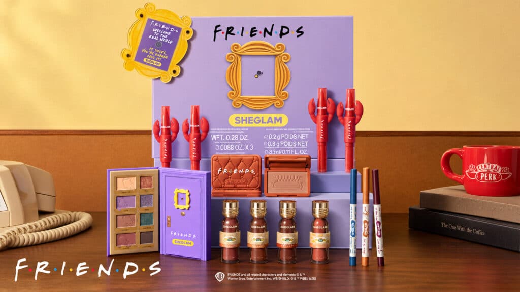 SHEGLAM x Friends: coleção de maquiagem com paleta e lip tint Painel promocional da coleção SHEGLAM x Friends com maquiagem, paleta de sombras, blush e batons em fundo roxo