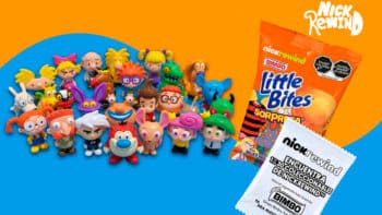 Nick Rewind Bimbo com miniaturas Little Bites da Nickelodeon Pack e miniatura Little Bites Nick Rewind Bimbo com personagens Nickelodeon em fundo azul e laranja