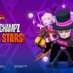 Arte do campeonato ExitLag ChampZ com tema de Halloween de Brawl Stars, com personagens e fundo roxo.