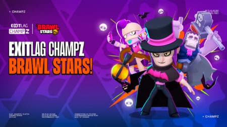 ExitLag ChampZ Halloween: Brawl Stars Arte do campeonato ExitLag ChampZ com tema de Halloween de Brawl Stars, com personagens e fundo roxo.