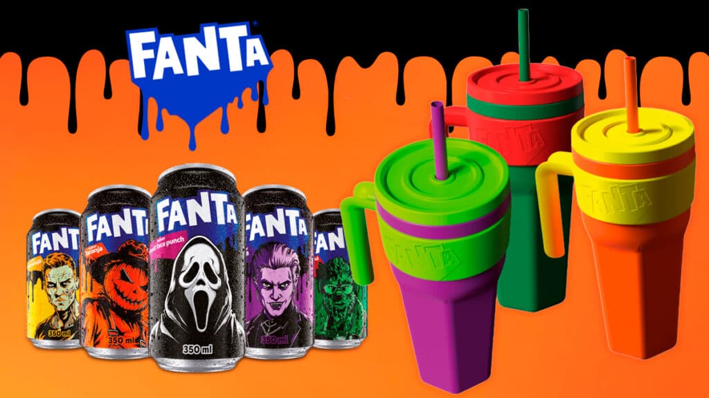 Fanta Halloween: copos térmicos e mini bags Copos térmicos e mini bags da Fanta para a campanha de Halloween, com fundo laranja e elementos assustadores.