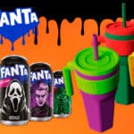 Copos térmicos e mini bags da Fanta para a campanha de Halloween, com fundo laranja e elementos assustadores.