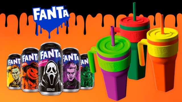 Copos térmicos e mini bags da Fanta para a campanha de Halloween, com fundo laranja e elementos assustadores.