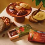 Chocolates Dengo Chameguinhos recheados com chocolate e amendoim, apresentados ao lado de frutas e folhas.