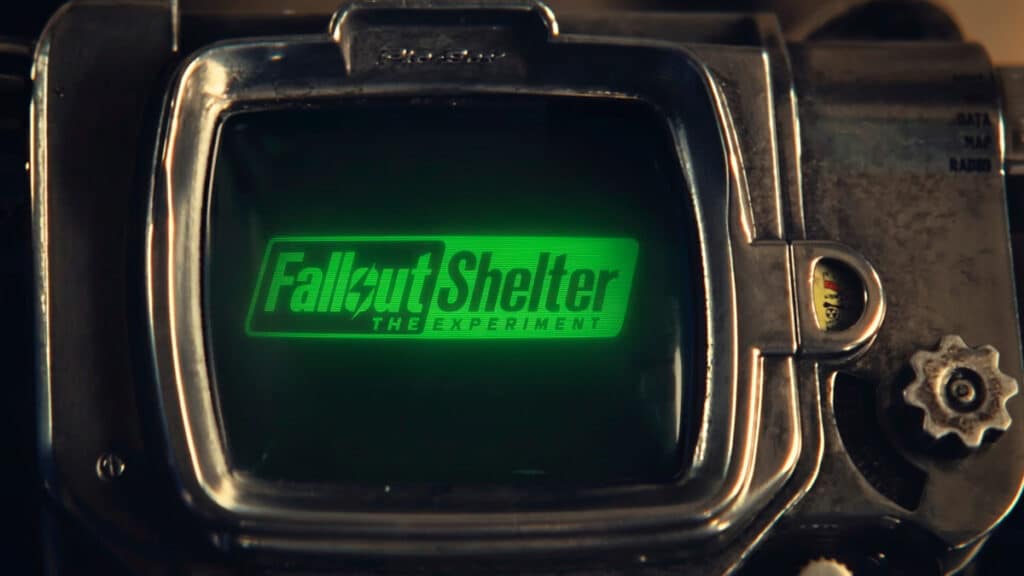 Fallout Shelter: The Experiment — realidade Prime Video Tela de um dispositivo futurista com o logo “Fallout Shelter: The Experiment” em verde, em clima de abrigo subterrâneo