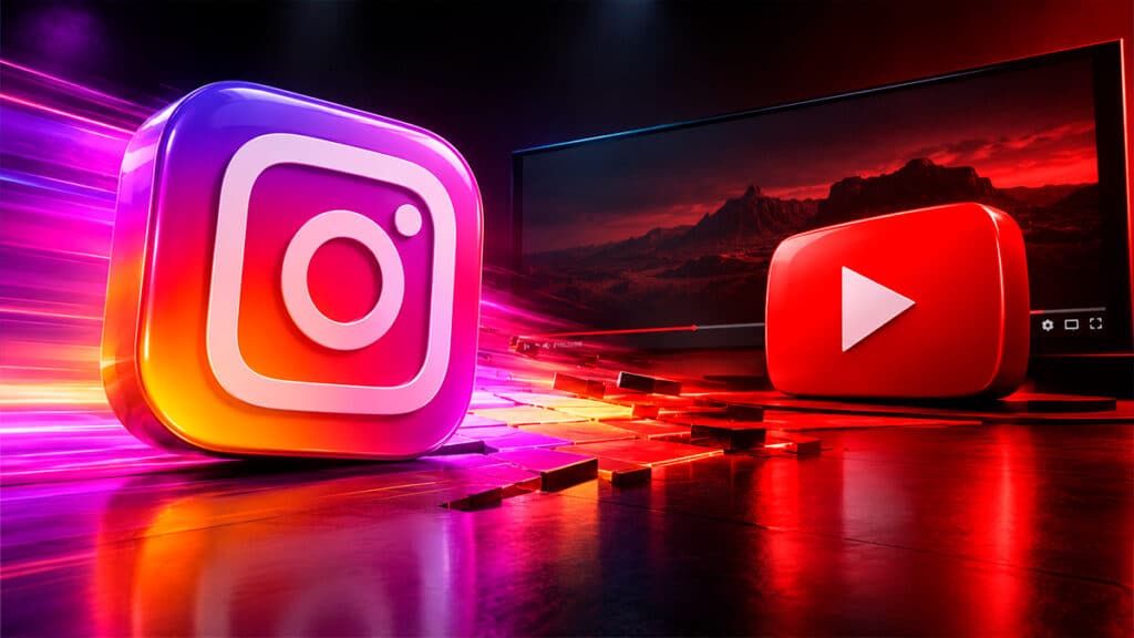 Ícones do Instagram e do YouTube em um cenário com luzes coloridas, ilustrando testes de vídeos longos no Instagram