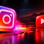 Ícones do Instagram e do YouTube em um cenário com luzes coloridas, ilustrando testes de vídeos longos no Instagram