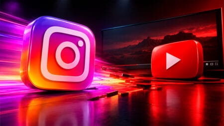 Instagram testa vídeos longos e mira no YouTube Ícones do Instagram e do YouTube em um cenário com luzes coloridas, ilustrando testes de vídeos longos no Instagram
