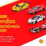 Campanha Shell V-Power Lendas Colecionáveis 2026 com miniaturas licenciadas Ferrari, em fundo vermelho