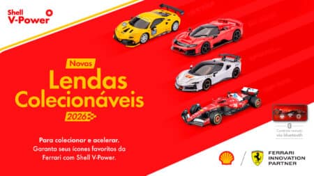Shell V-Power Lendas Colecionáveis 2026 com miniaturas Ferrari Campanha Shell V-Power Lendas Colecionáveis 2026 com miniaturas licenciadas Ferrari, em fundo vermelho