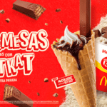 McFlurry KitKat em destaque com sorvete, embalagens e texto promocional “SOMESAS” sobre fundo vermelho.