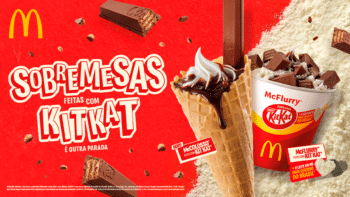 McFlurry KitKat do McDonald’s McFlurry KitKat em destaque com sorvete, embalagens e texto promocional “SOMESAS” sobre fundo vermelho.