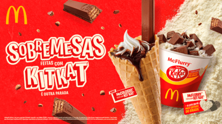 McFlurry KitKat do McDonald’s McFlurry KitKat em destaque com sorvete, embalagens e texto promocional “SOMESAS” sobre fundo vermelho.