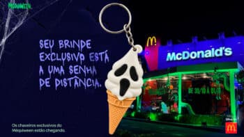 Chaveiro Casquinha Fantasma do Méquiween no McDonald’s Porto Alegre Chaveiro Casquinha Fantasma do Méquiween em promoção de Halloween no McDonald’s de Porto Alegre, com cenário iluminado