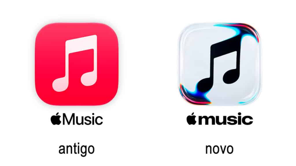 Comparativo do logo antigo e novo do Apple Music, com ícones em fundo quadrado vermelho e transparente.
