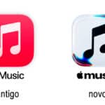 Comparativo do logo antigo e novo do Apple Music, com ícones em fundo quadrado vermelho e transparente.