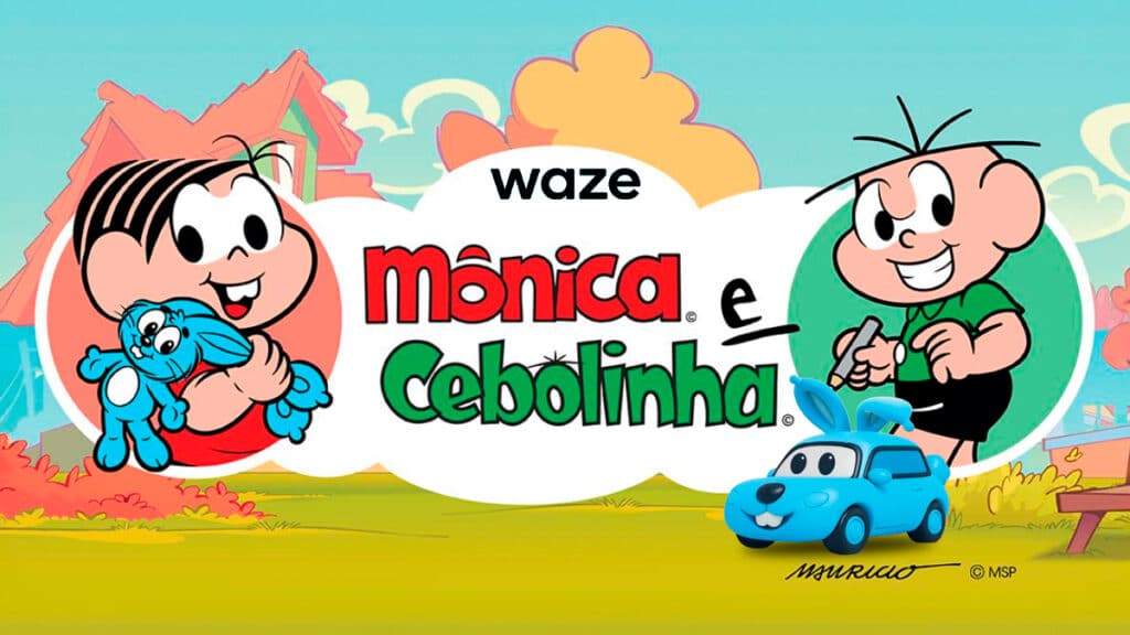 Waze Turma da Mônica: Mônica e Cebolinha Imagem promocional do Waze com Mônica e Cebolinha como copilotos e um carro azul na estrada.