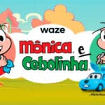 Imagem promocional do Waze com Mônica e Cebolinha como copilotos e um carro azul na estrada.