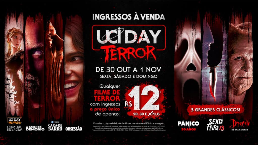 Cartaz do UCI Day Terror com ingressos a R$12, filmes de terror e datas de 30 de outubro a 1 de novembro.