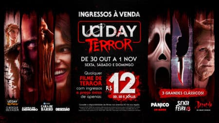 UCI Day Terror: ingressos a R no Halloween (30/10 a 1/11) Cartaz do UCI Day Terror com ingressos a R, filmes de terror e datas de 30 de outubro a 1 de novembro.