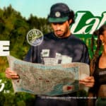 Imagem promocional do e-commerce Xeque Mate, com modelo segurando mapa e destaque da marca Lab ao ar livre.