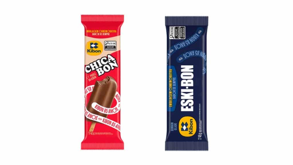 Embalagens limitadas dos sorvetes Kibon Chicabon e Eski-bon para celebração de 85 anos.