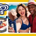 Imagem promocional da Kibon com casal sorridente e sorvetes; embalagem limitada celebra 85 anos com Chicabon e Eski-bon.