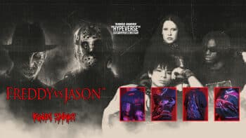 Kings Sneakers Freddy vs Jason HYPERVERSE Halloween Banner Freddy vs Jason da Kings Sneakers com pôsteres do Halloween e caixas do HYPERVERSE Pop Culture Wear