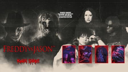 Kings Sneakers Freddy vs Jason HYPERVERSE Halloween Banner Freddy vs Jason da Kings Sneakers com pôsteres do Halloween e caixas do HYPERVERSE Pop Culture Wear