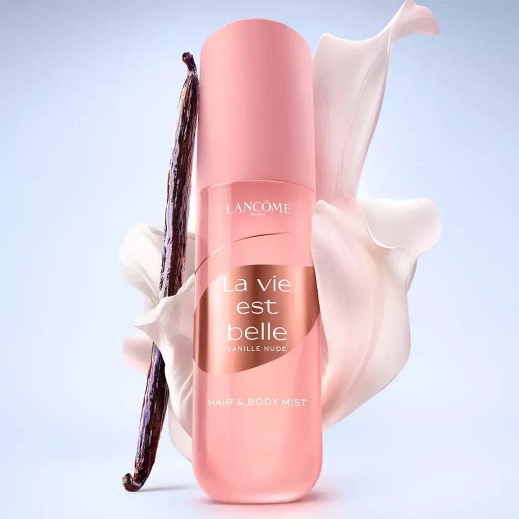 Frasco de body splash La vie est belle Vanille Nude da Lancôme, bruma perfumada para cabelo e corpo, em fundo claro
