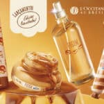 Kit de produtos L’Occitane au Brésil inspirado em Moça Pudim: sabonete, creme e fragrância com embalagens douradas e doce cremoso.