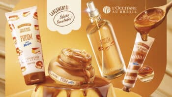 Coleção L’Occitane Moça Pudim com sabonete, cremes e fragrância Kit de produtos L’Occitane au Brésil inspirado em Moça Pudim: sabonete, creme e fragrância com embalagens douradas e doce cremoso.