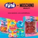 Imagem de divulgação da parceria Moschino e Fini Beauty com embalagens dos perfumes Gummy e Gummy Yummy.