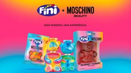 Moschino e Fini Beauty: Toy 2 Gummy e Toy 2 Yummy Imagem de divulgação da parceria Moschino e Fini Beauty com embalagens dos perfumes Gummy e Gummy Yummy.