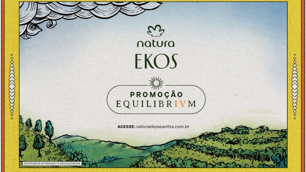 Natura Ekos Equilibrivm: promoção com acesso ao site Arte promocional da Natura Ekos Equilibrivm com acesso ao site e paisagem ao fundo.