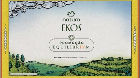 Natura Ekos Equilibrivm: promoção com acesso ao site Arte promocional da Natura Ekos Equilibrivm com acesso ao site e paisagem ao fundo.