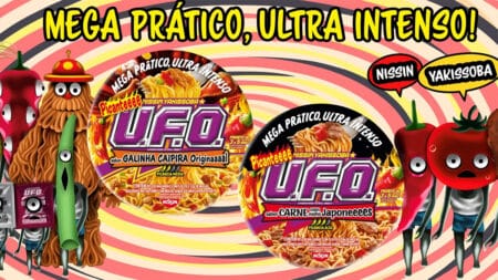 Embalagens Nissin Yakissoba U.F.O. com sabores picantes: Galinha Caipira e Carne com Molho Japonês