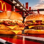 Dois sanduíches do McDonald’s na bancada, com queijo derretido e molho Melt Parmesão.