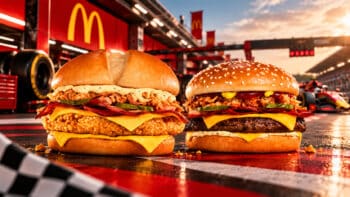 Novos sanduíches McDonald’s Melt Parmesão Dois sanduíches do McDonald’s na bancada, com queijo derretido e molho Melt Parmesão.