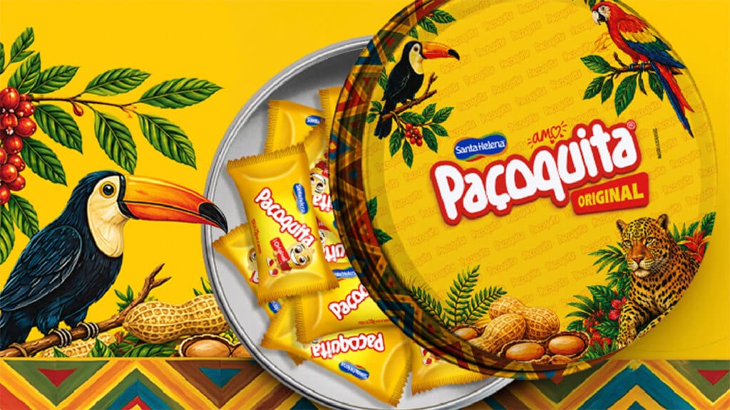 Lata colecionável Paçoquita Original edição limitada Lata colecionável de Paçoquita Original com ilustrações de pássaros e animais sobre fundo amarelo, com pacotes ao redor.
